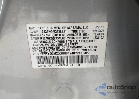 2016 Acura Mdx Acurawatch Plus Package from USA, damaged, VIN 5FRYD3H25GB001248